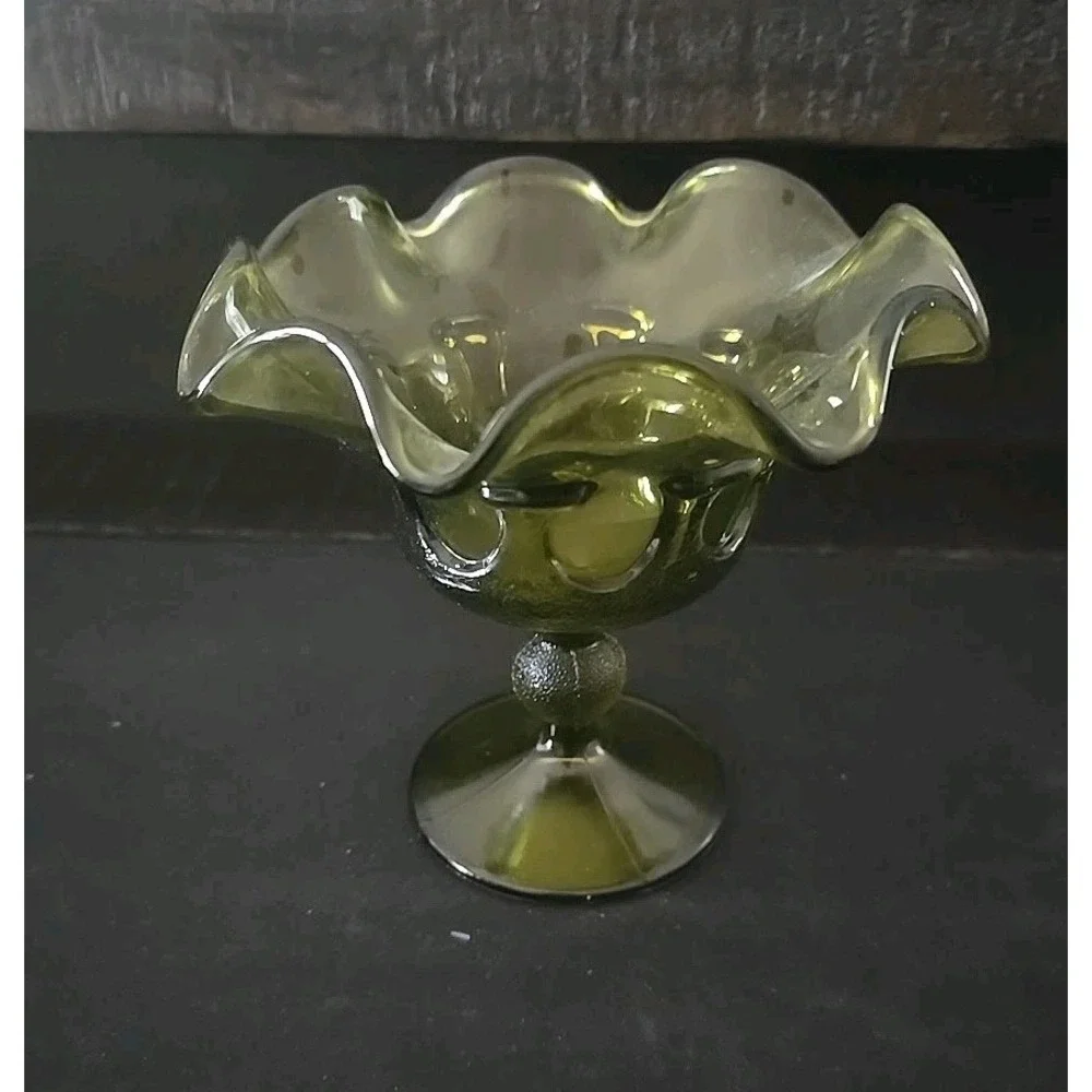 Vintage Green Glass Ruffled Edge Footed Candy Dish Bowl Compote Decor 5.25